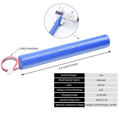ICR18650 2S1P 7.4V 2000mAh Batteria agli ioni di litio con 500 cicli di vita Protezione da sovra-corrente e celle di grado A